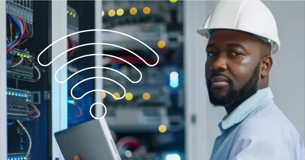 An RF engineer working in a server room